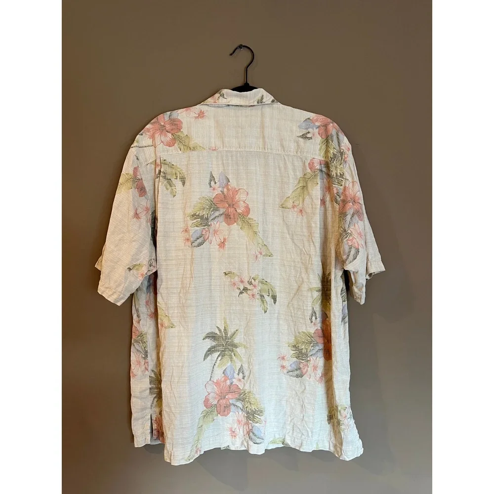 Tommy Bahama Mens XL Tropical Floral Palm Tree Linen Blend Camp Shirt Beige